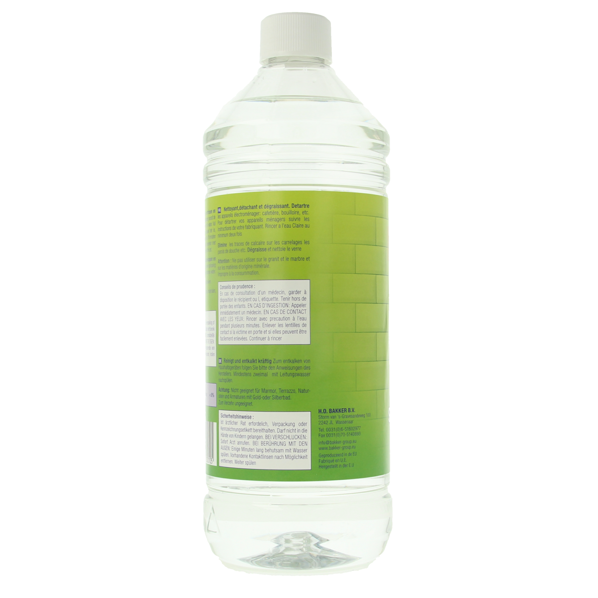 PB Schoonmaakazijn 1 liter bottle, natural cleaning vinegar, clear liquid used for household cleaning tasks.