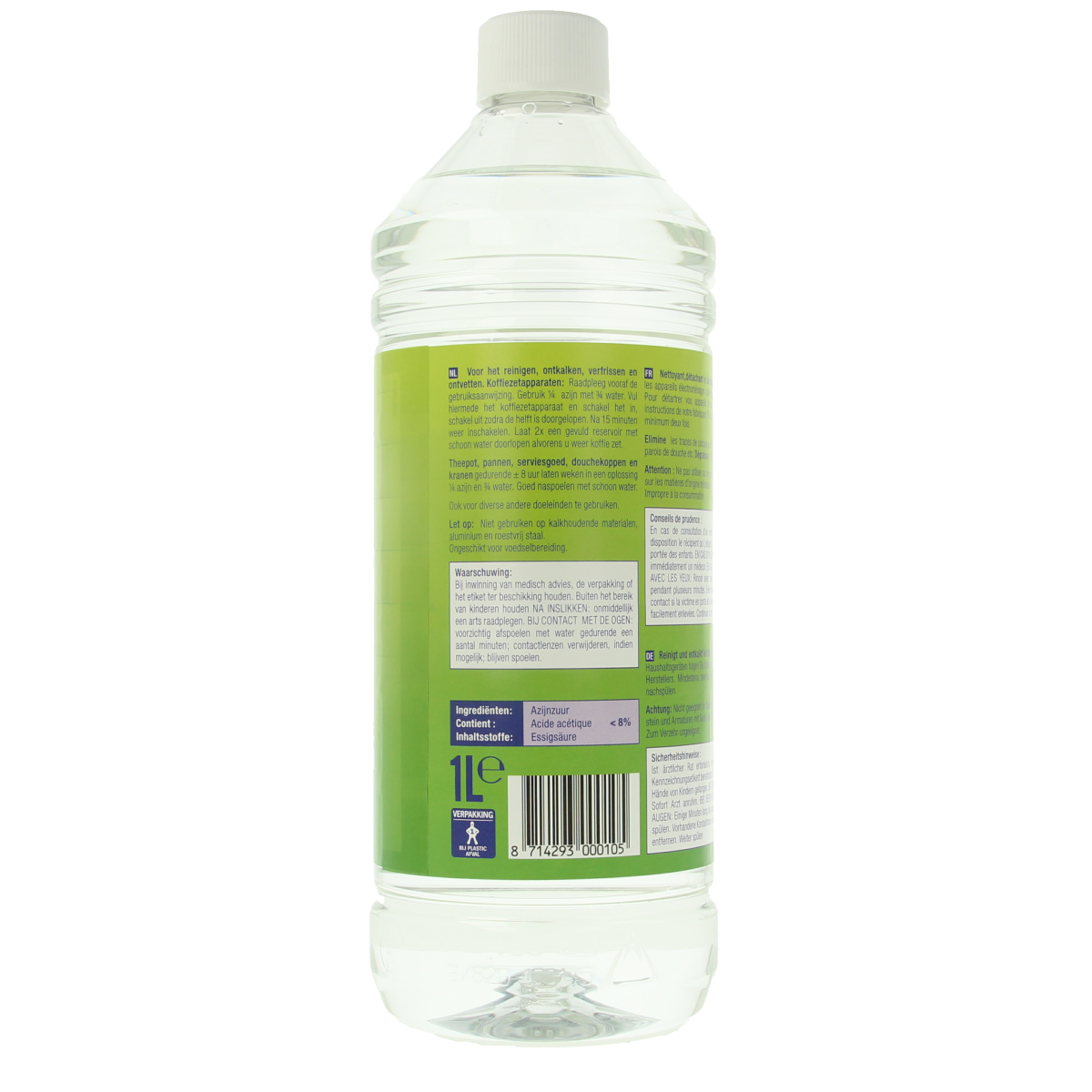 PB Schoonmaakazijn 1 liter, cleaning vinegar for household use, in a clear bottle with a white cap, suitable for various cleaning tasks.