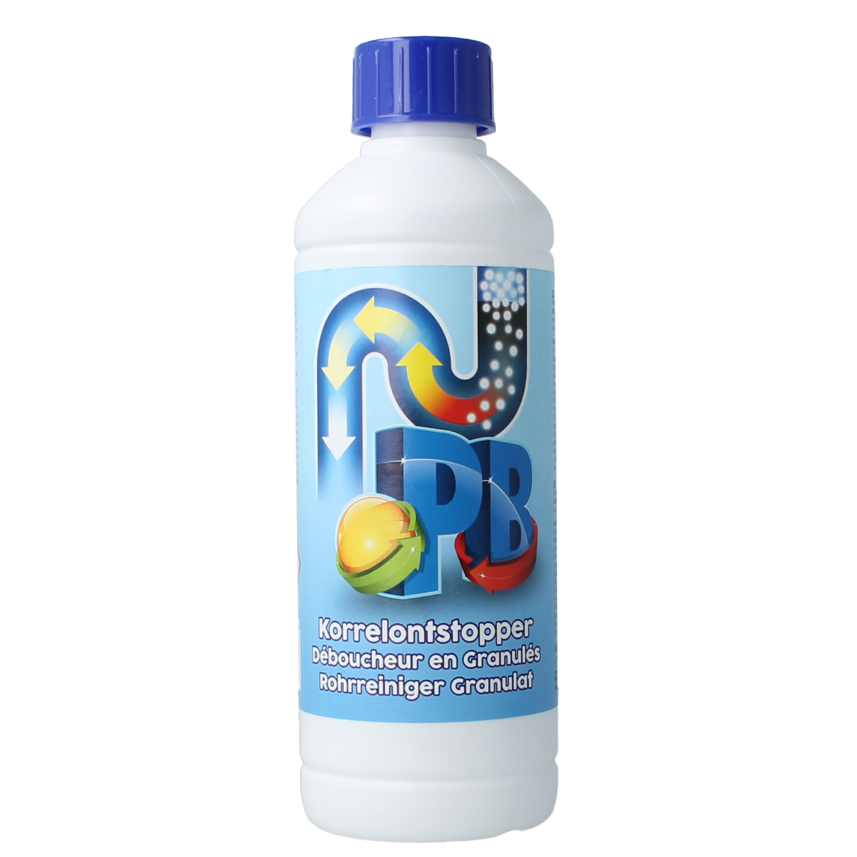 PB Korrelontstopper 500g cleaning product in a container with a label, used for cleaning and stain removal.