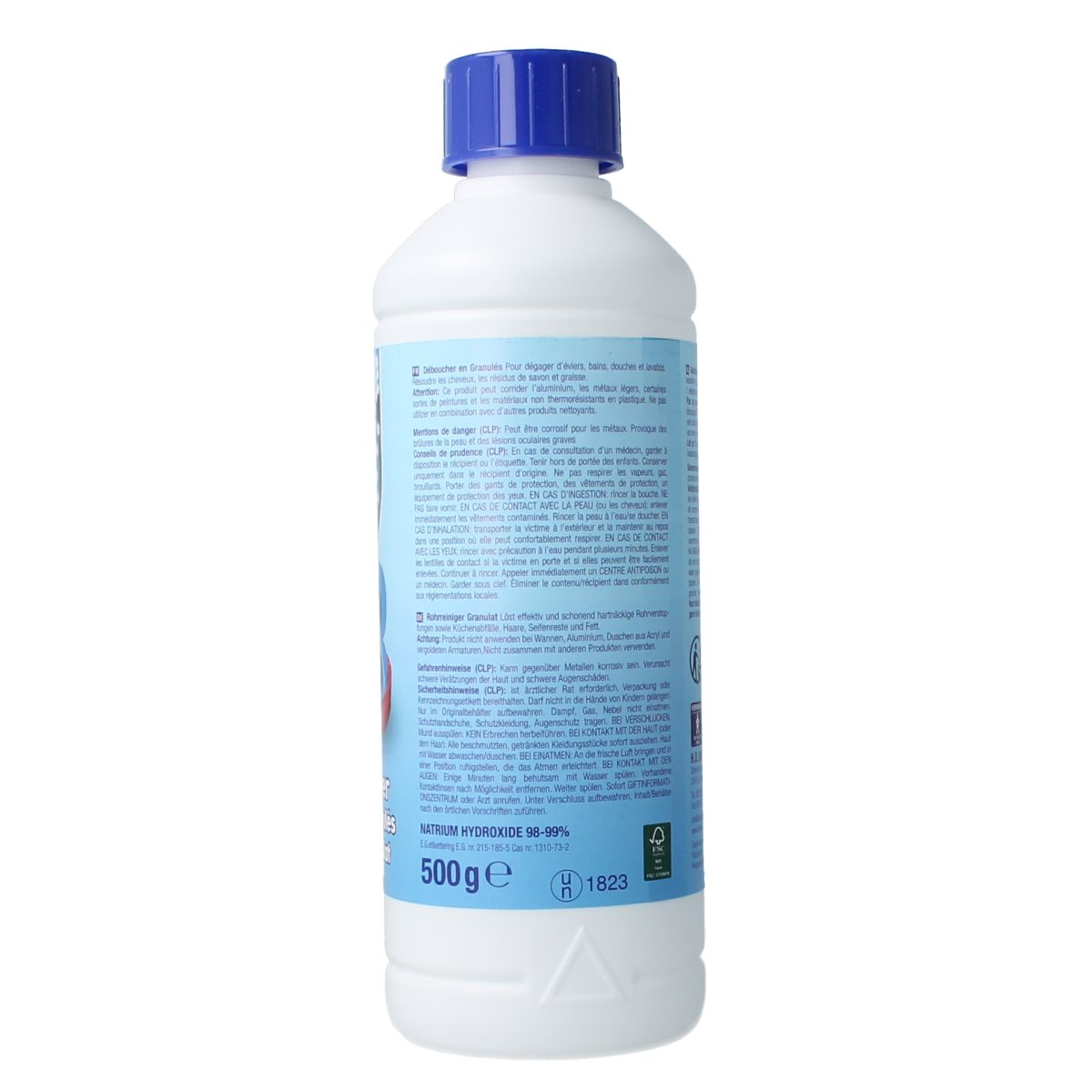 PB Korrelontstopper 500g cleaning product in a white container, used for clog removal and household drain maintenance.