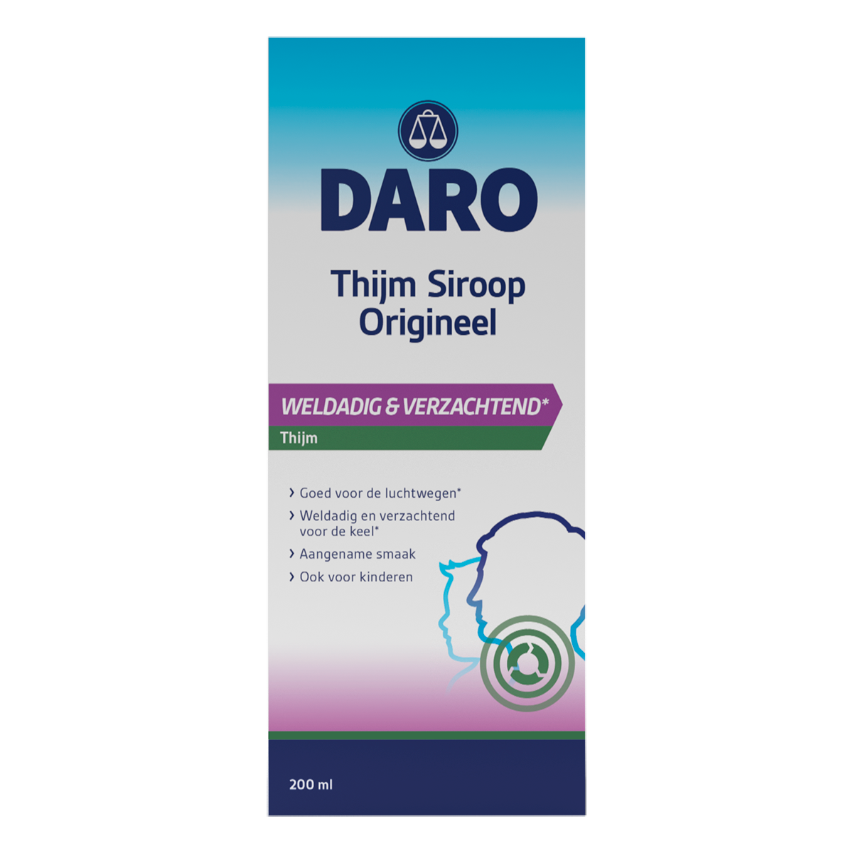 Daro Thijmsiroop herbal remedy in a 200ml bottle, part of Daro's kruidenpreparaten line, with a label and cap visible.