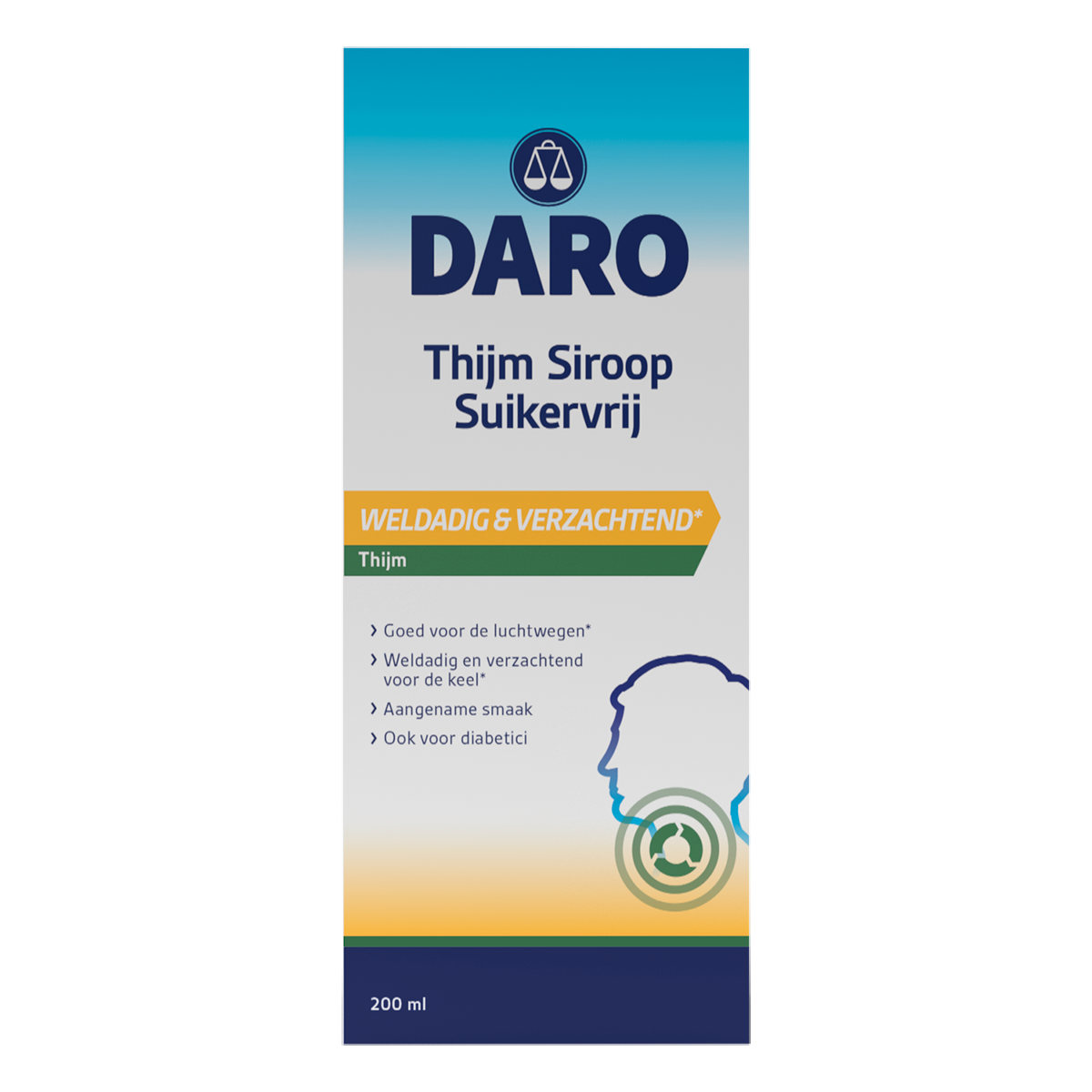 Daro Kruidenpreparaten Thijmsiroop suikervrij in 200ml bottle, herbal syrup with natural ingredients and no added sugar.