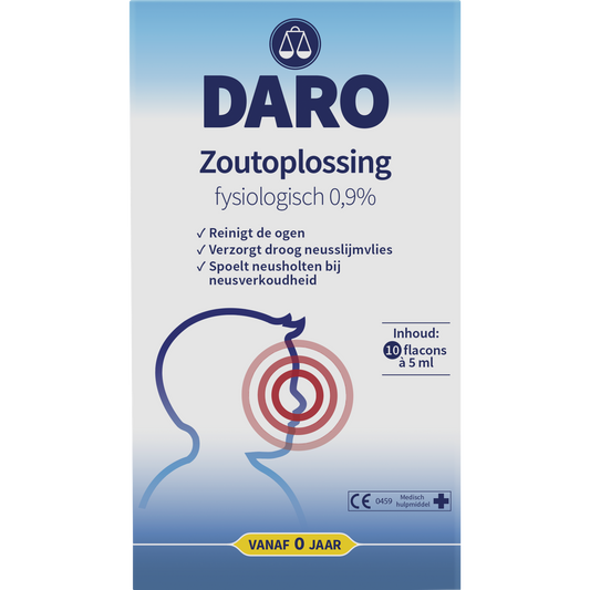 Daro Kind fysiologische zoutoplossing 5ml ampullen for nasal care and inhalation, displayed in a box with 10 ampoules.