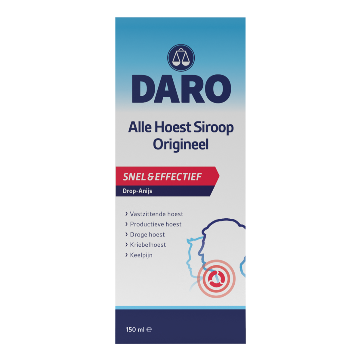 Daro Alle hoest siroop bottle, 150ml, with label showing herbal ingredients, used for soothing coughs and throat relief.