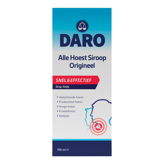 Daro Alle hoest siroop bottle, 150ml, with label showing herbal ingredients, used for soothing coughs and throat relief.