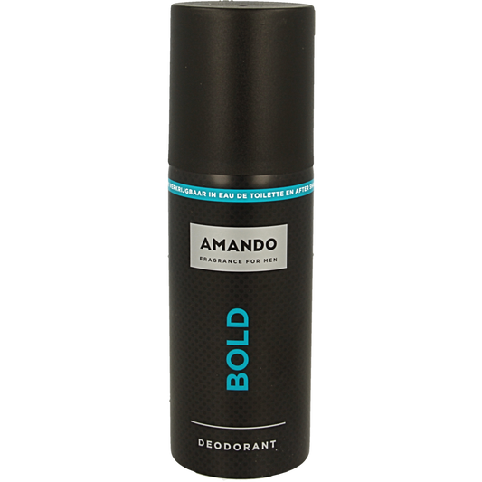 Amando bold deodorant spray 150ml bottle with sleek design and clear label, showcasing the deodorant product.