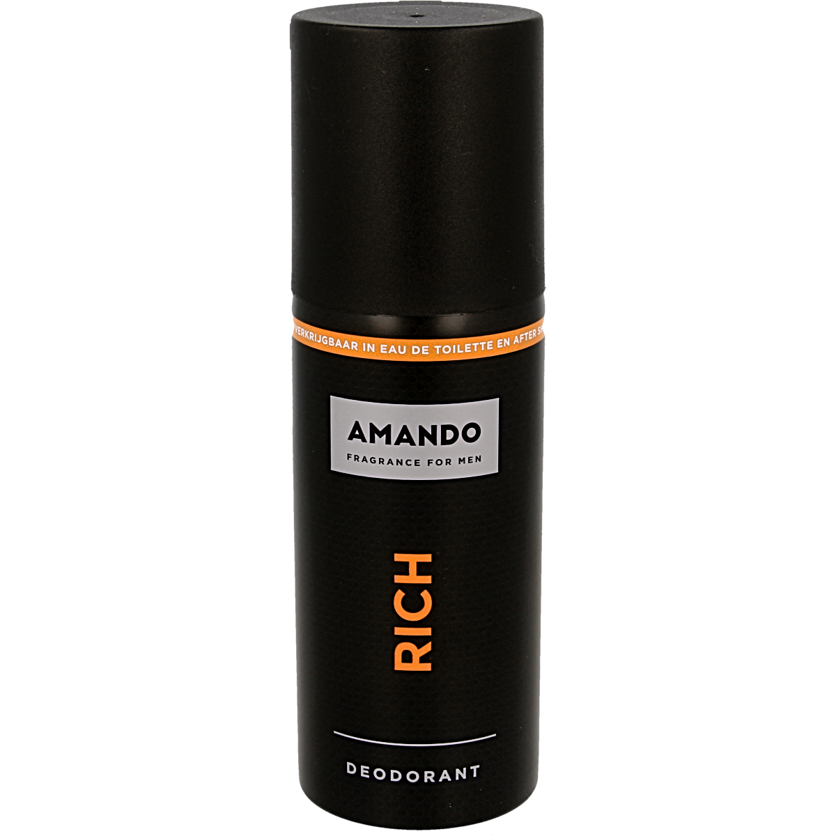 Amando Deodorant Spray Rich 150ml bottle with sleek silver cap and label, designed for effective odor protection.