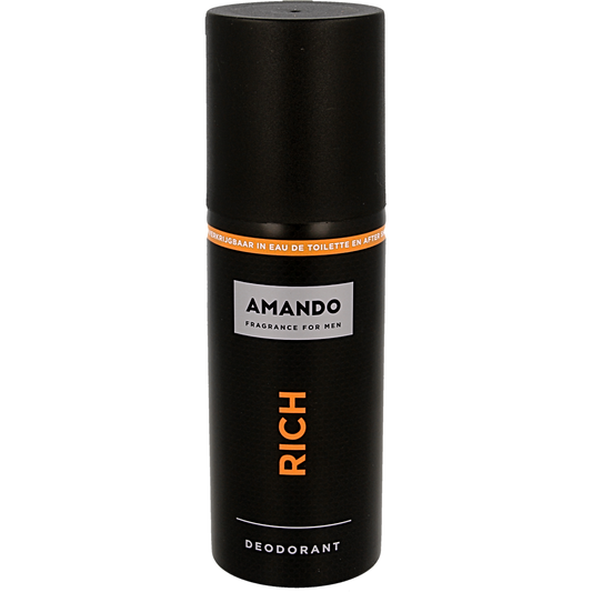 Amando Deodorant Spray Rich 150ml bottle with sleek silver cap and label, designed for effective odor protection.