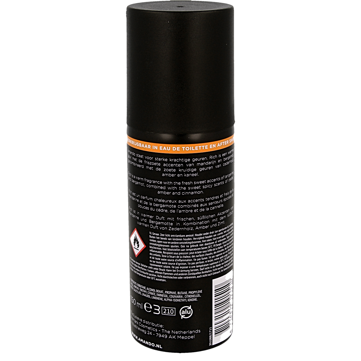 Amando Deodorant Spray Rich 150ml bottle, white aerosol can with blue and silver accents, designed for long-lasting freshness.
