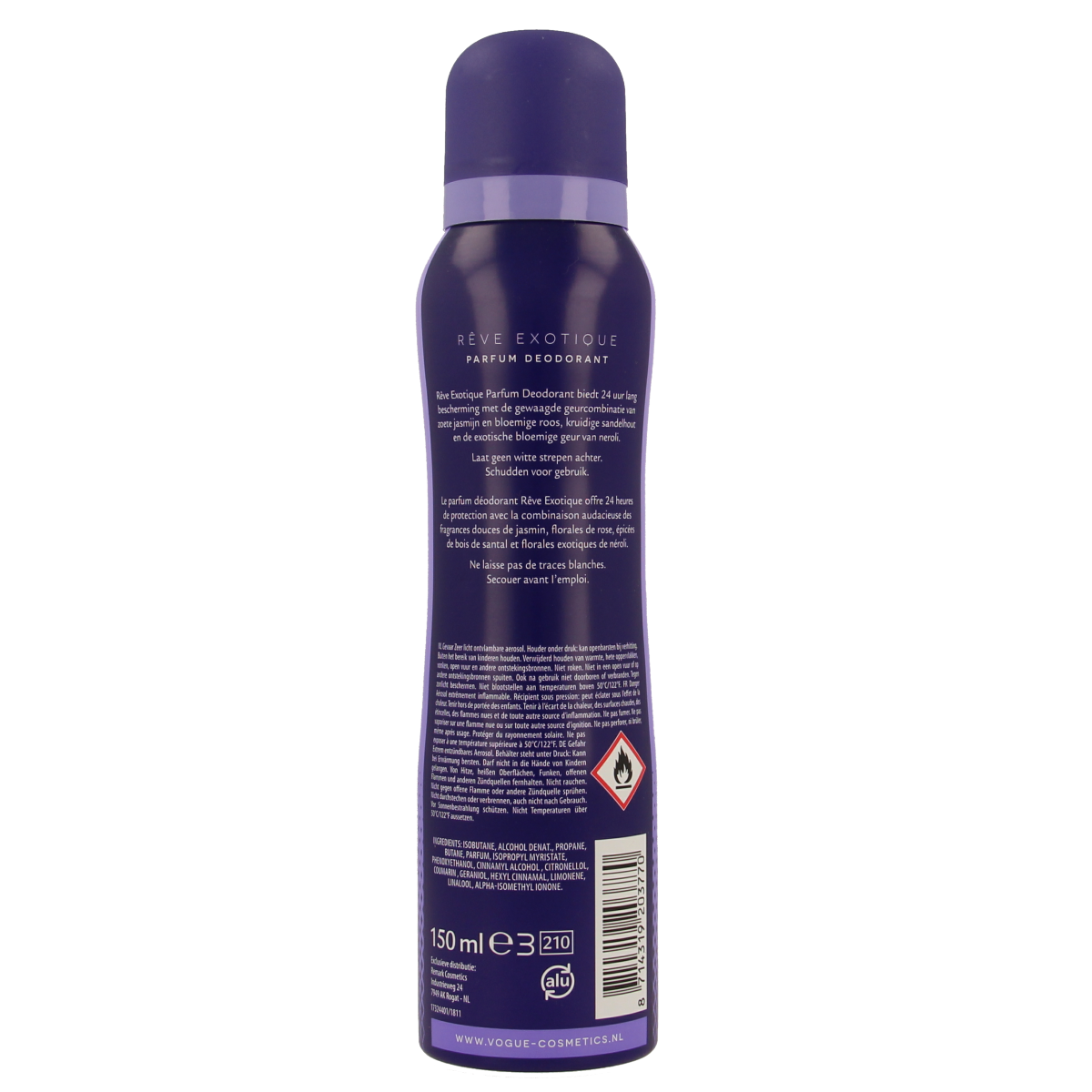 Vogue Parfum Deodorant Reve Exolique 150ml spray bottle, elegant design, and floral fragrance for women.