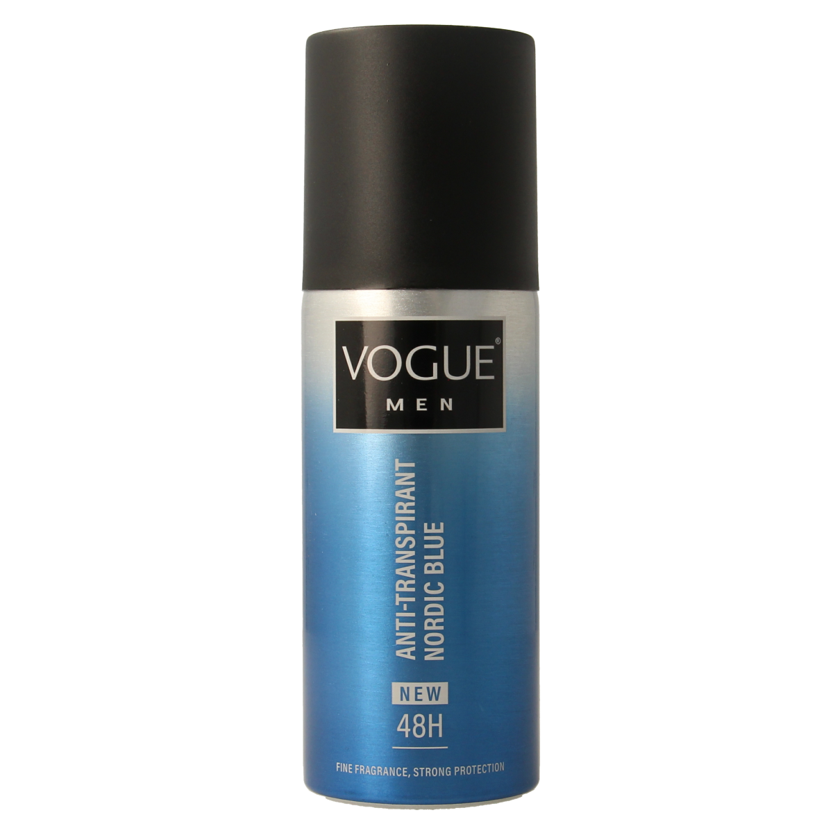 Vogue Men Nordic Blue deodorant spray bottle, 150ml, anti-transpirant product for men with fresh blue packaging
