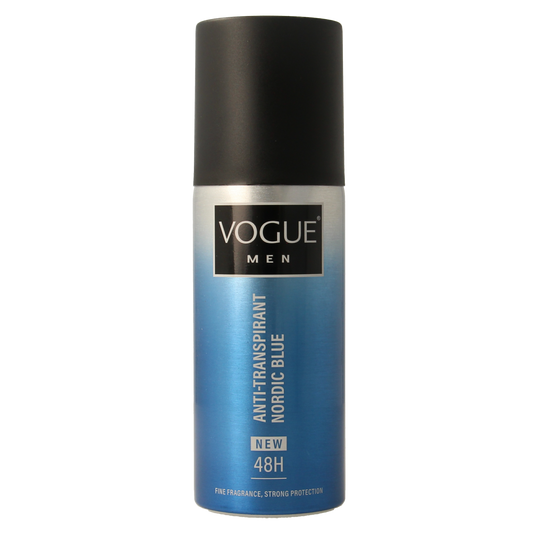 Vogue Men Nordic Blue deodorant spray bottle, 150ml, anti-transpirant product for men with fresh blue packaging