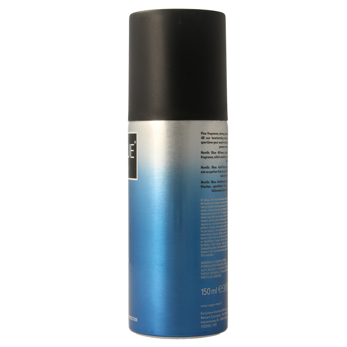 Vogue Men Nordic Blue deodorant spray bottle, 150ml, with sleek blue packaging and spray nozzle visible.