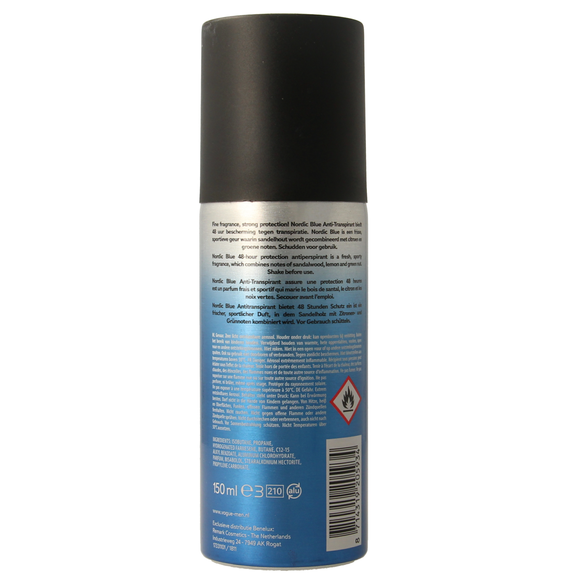 Vogue Men Nordic Blue deodorant spray, anti-transpirant, 150ml bottle with sleek blue design and spray nozzle.