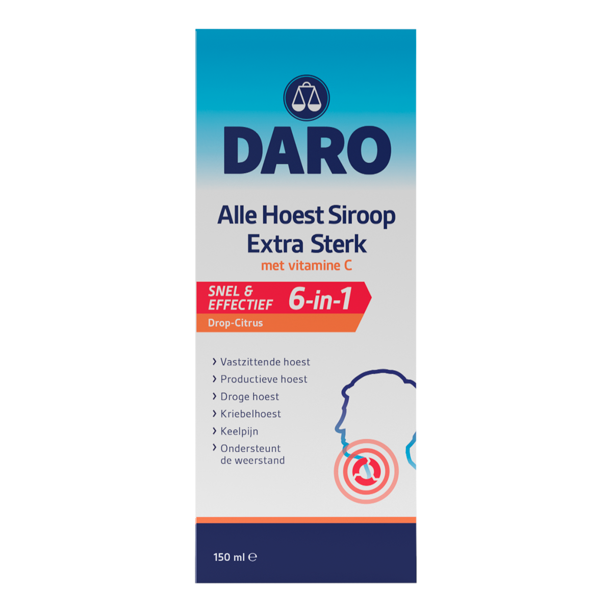 Daro Alle hoest siroop extra sterk met vitamine C, 150 ml, shown in a clear bottle with a label and cap