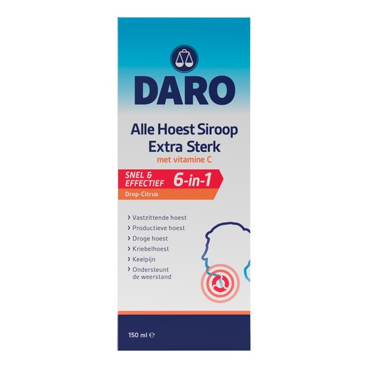 Daro Alle hoest siroop extra sterk met vitamine C, 150 ml, shown in a clear bottle with a label and cap