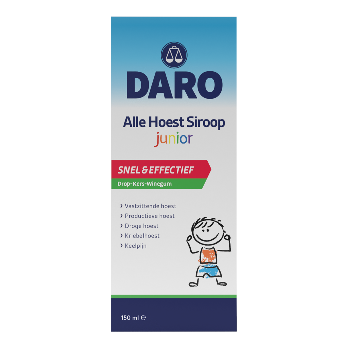 Daro Alle hoest siroop junior bottle with label, 150ml, for relieving cough in children.