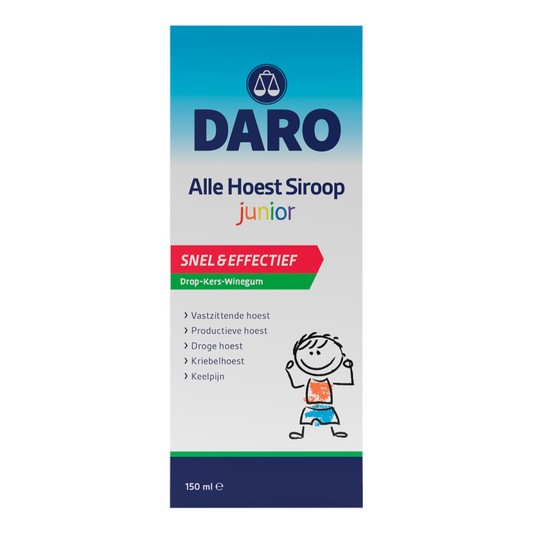 Daro Alle hoest siroop junior bottle with label, 150ml, for relieving cough in children.