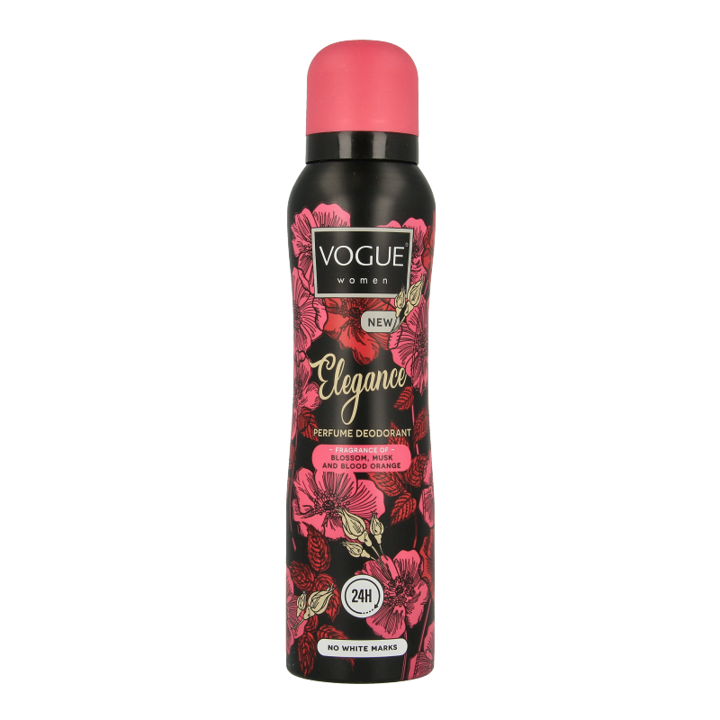 Vogue women’s deodorant in a 150ml spray bottle, elegant design with the Vogue logo visible, suitable for everyday wear.
