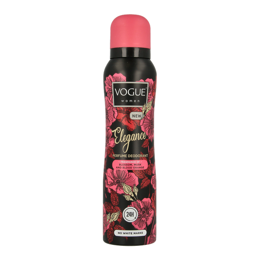 Vogue women’s deodorant in a 150ml spray bottle, elegant design with the Vogue logo visible, suitable for everyday wear.
