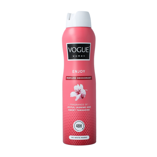 Vogue Cosmetics Enjoy Parfum Deodorant 150ml, sleek white spray bottle with purple accents for fresh scent.
