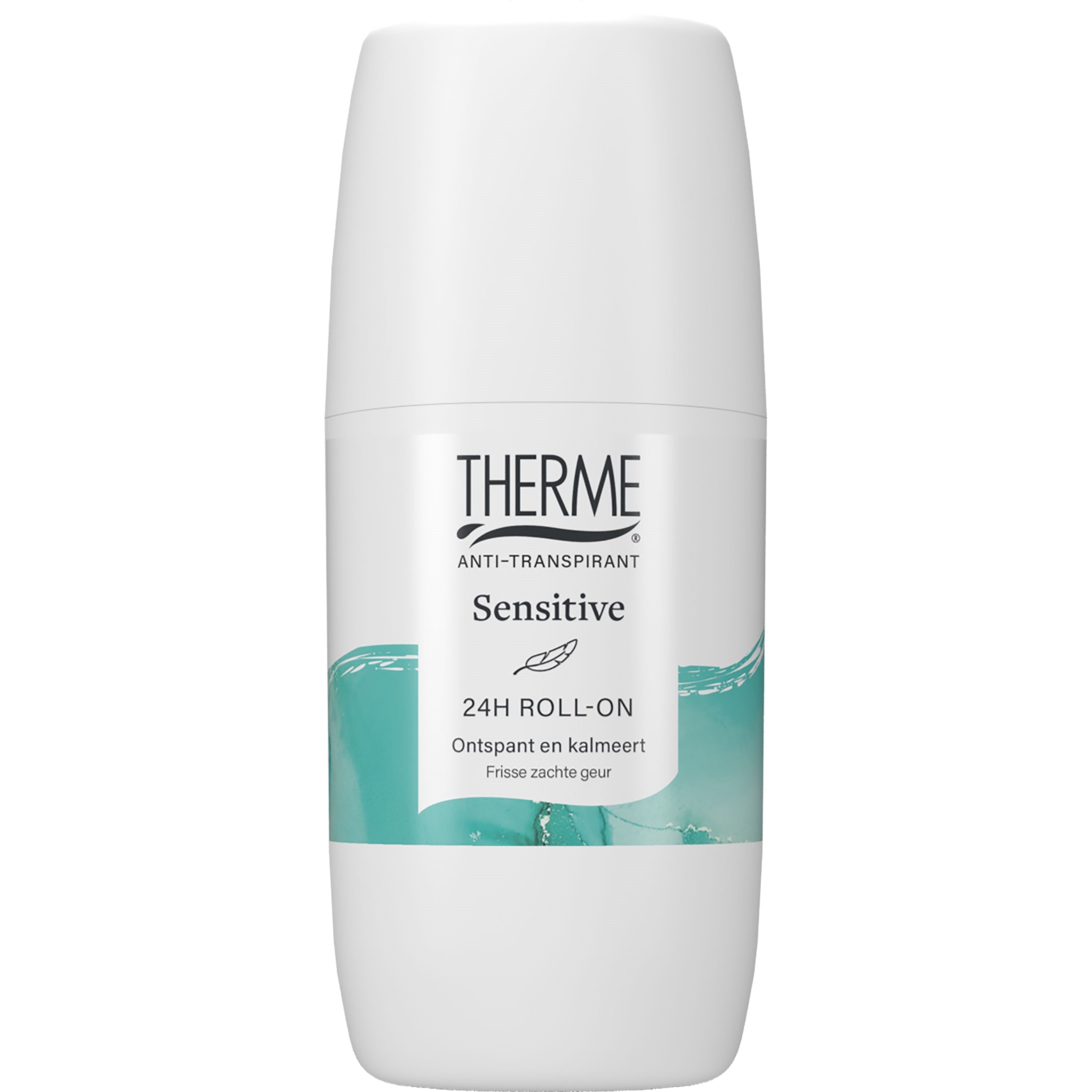 Therme Anti-transpirant roll-on deodorant for sensitive skin in a 60ml bottle, shown with smooth, clear packaging and applicator.