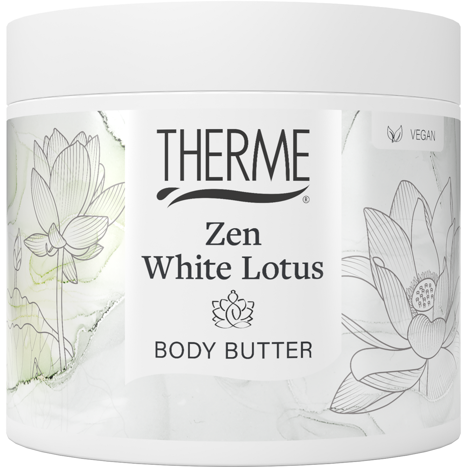 Therme Zen white lotus body butter in 225g jar, creamy moisturizer for smooth, nourished skin, featuring white lotus scent