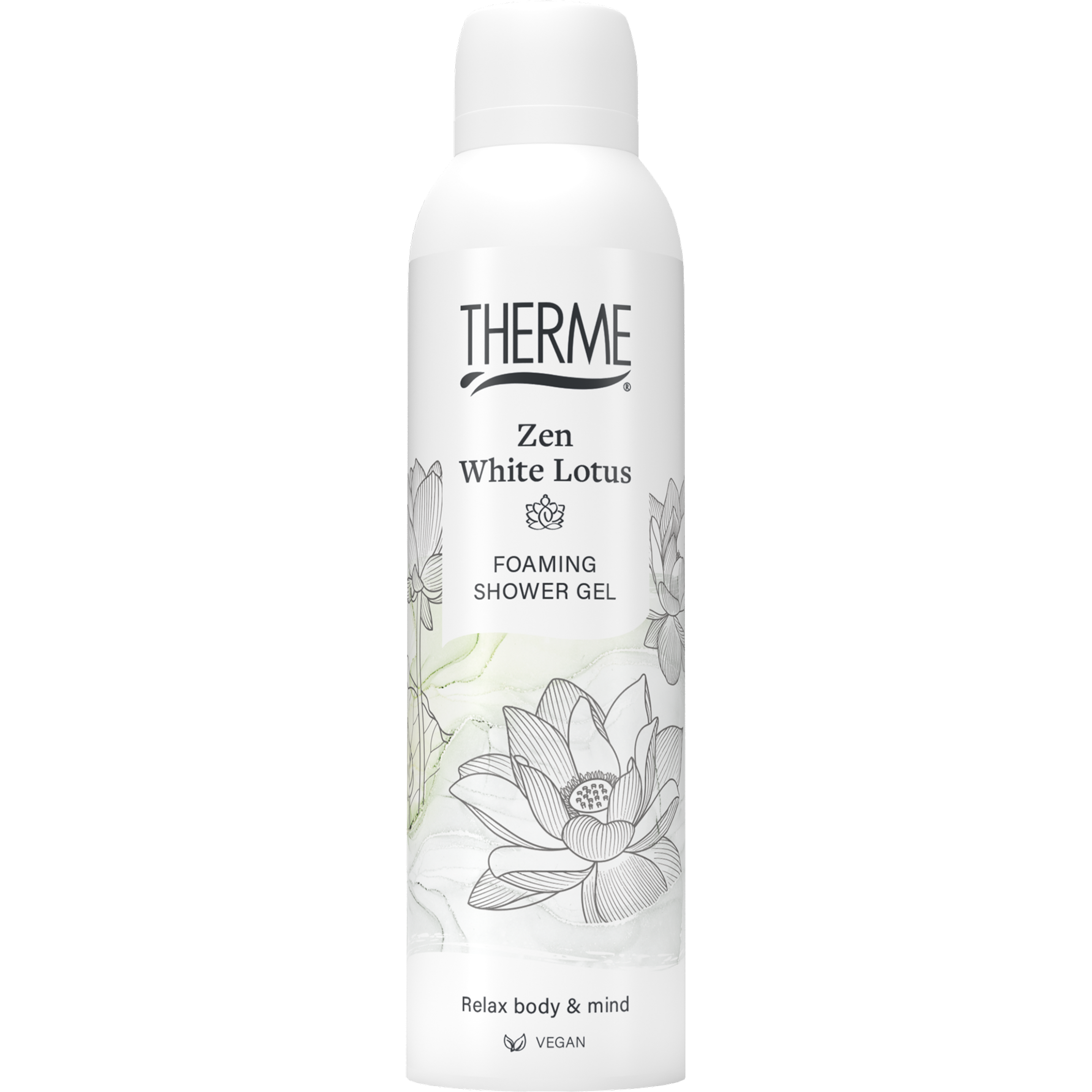 Therme Zen white lotus foaming shower gel 200ml bottle, soft white and purple packaging, for luxurious bath and shower experiences.