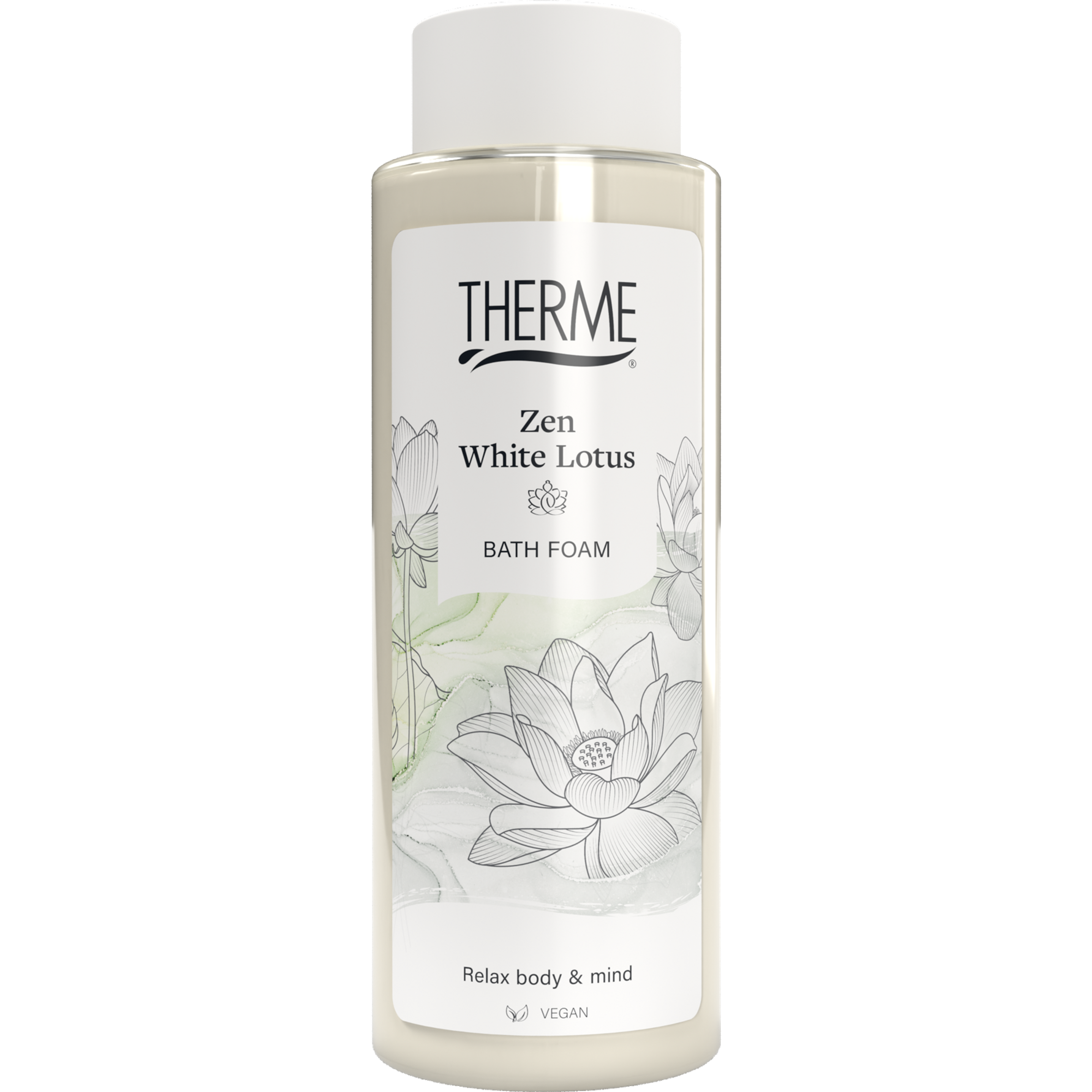 Therme Zen white lotus relaxing bath foam bottle for bath and shower, 500ml, with white and purple packaging.