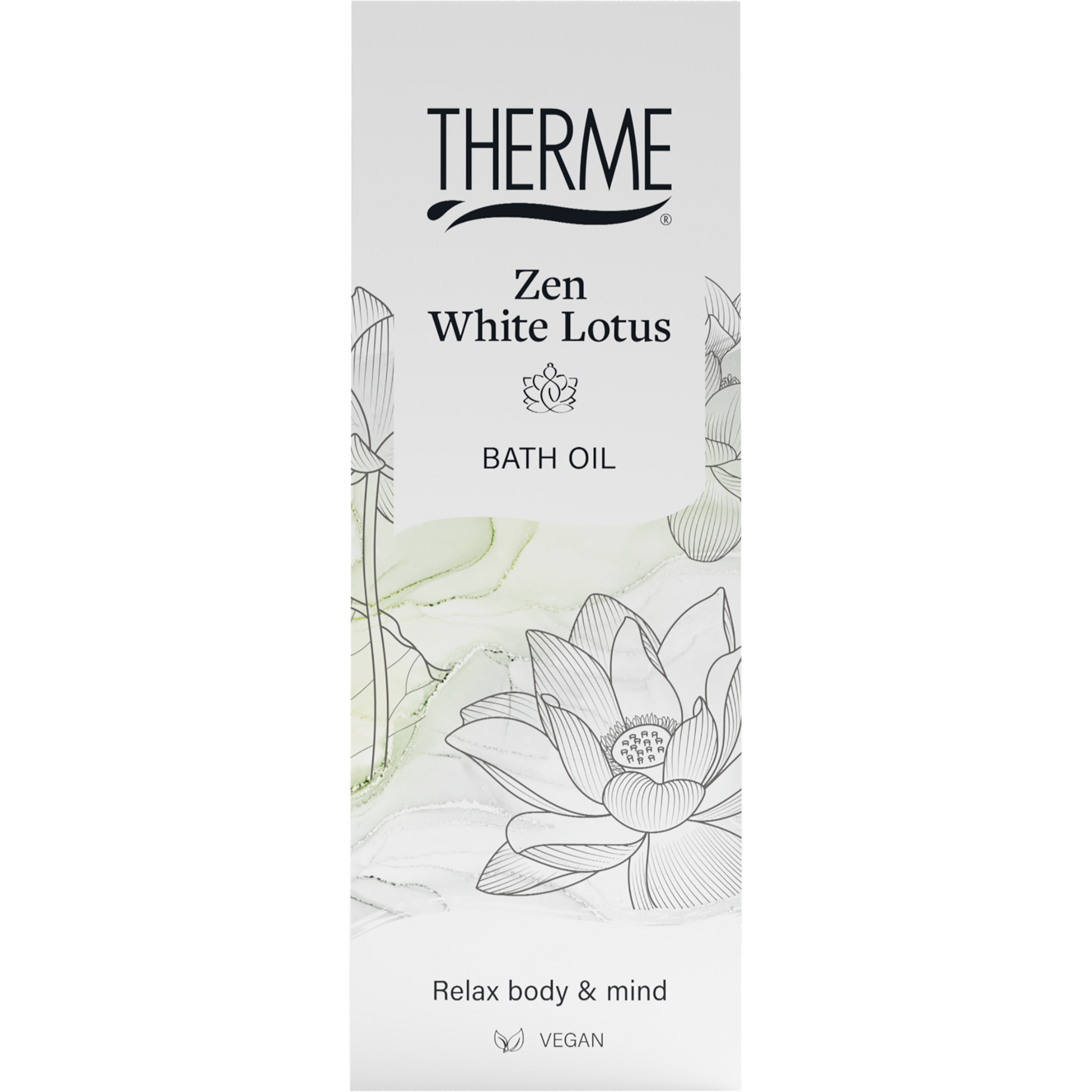 Therme Zen white lotus bath and shower oil bottle, 100ml, featuring elegant white lotus design and product label.