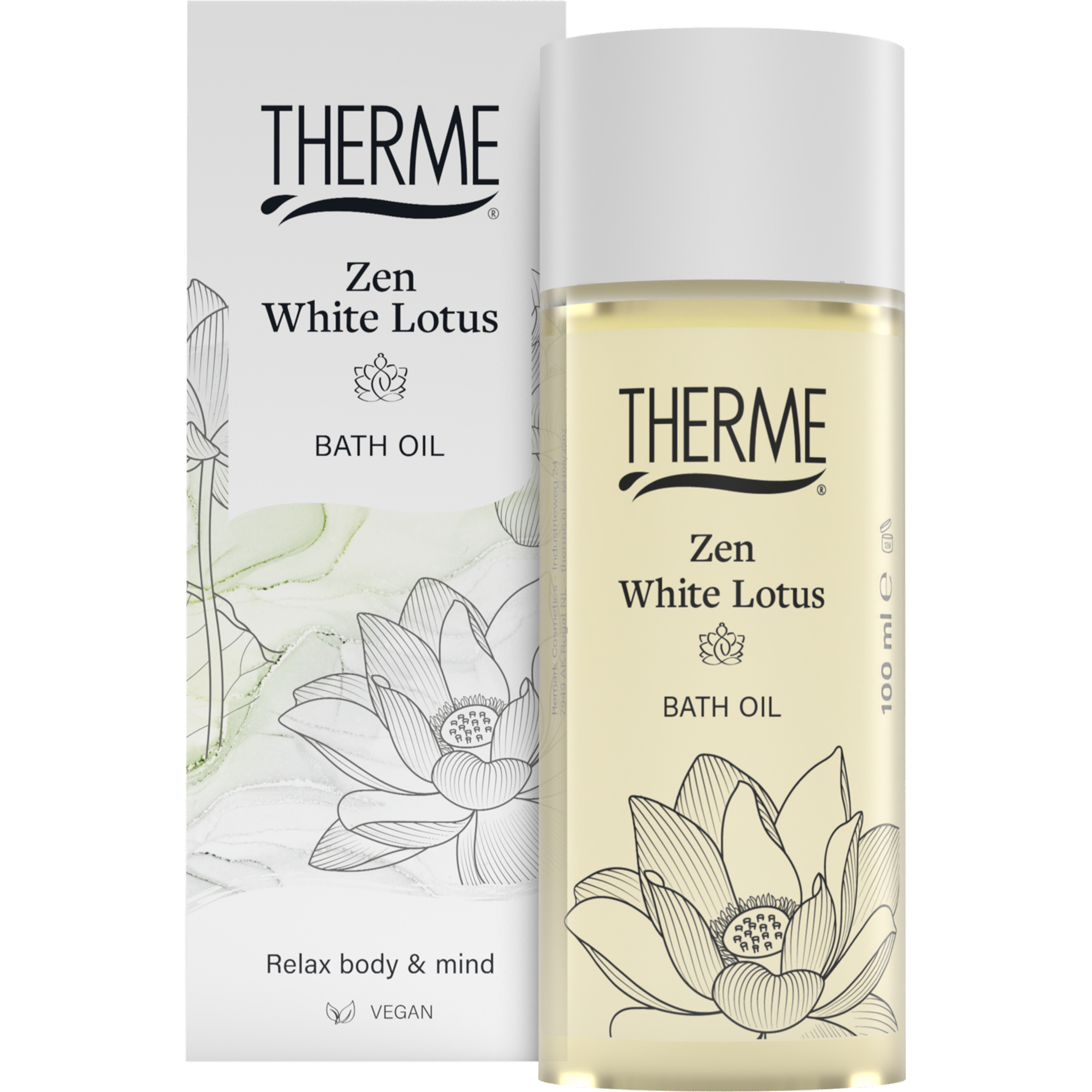 Therme Zen white lotus bath and shower oil in 100ml bottle, with elegant white packaging and lotus flower design.