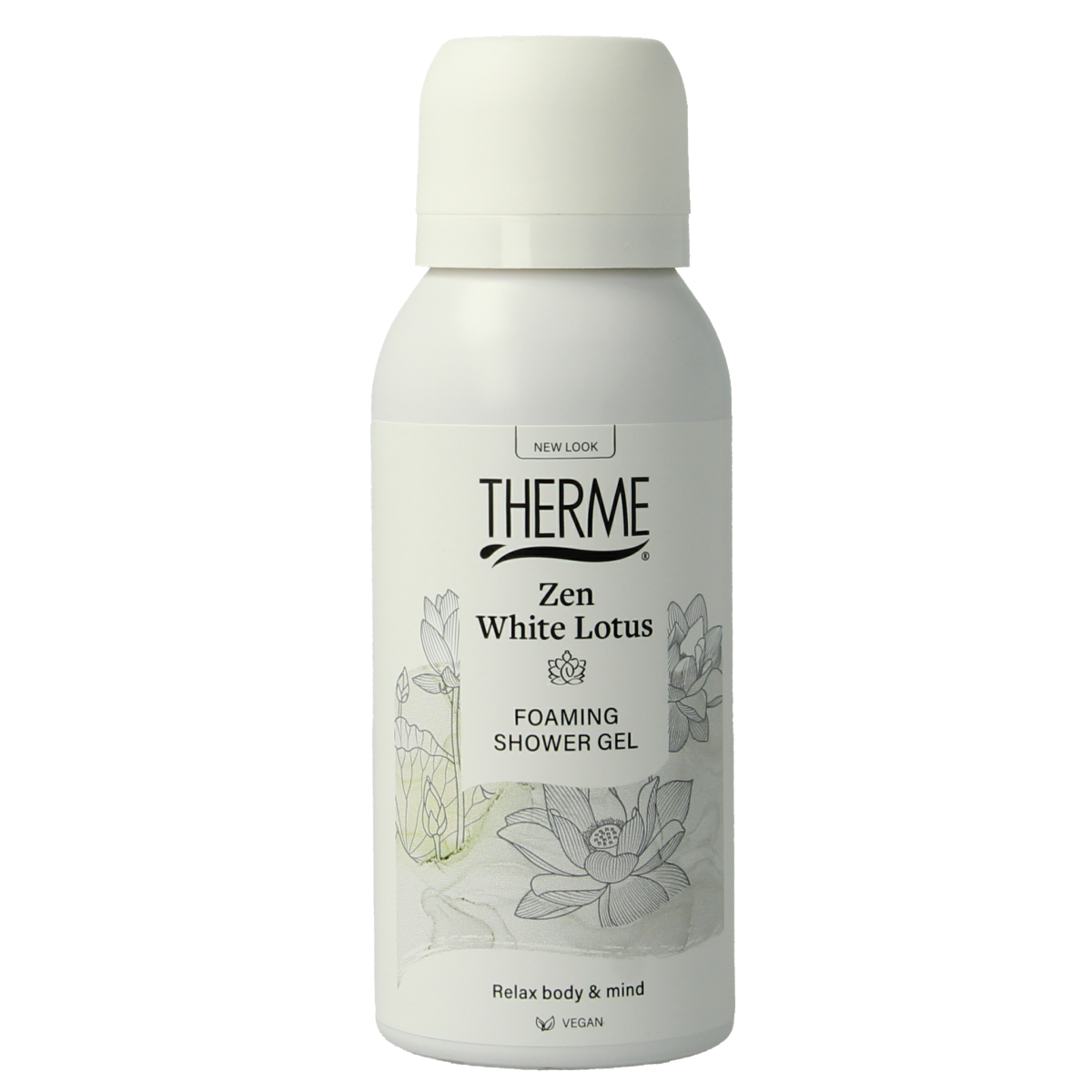 Therme Zen White Lotus foam shower in 50ml bottle, designed for luxurious bath and shower experience with soothing fragrance.