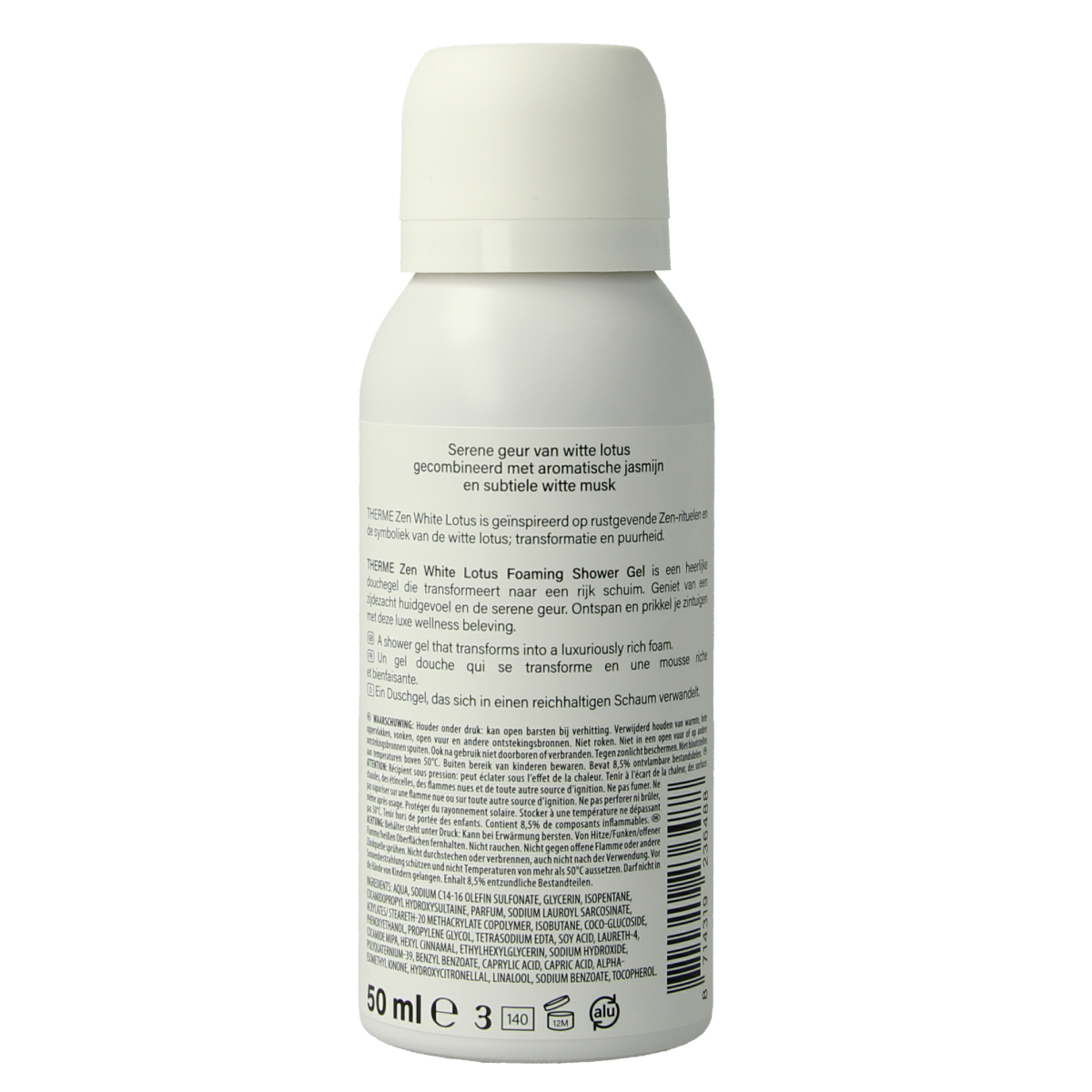Therme Zen white lotus foam shower in 50ml bottle, gentle bath and shower product with soothing white lotus scent.