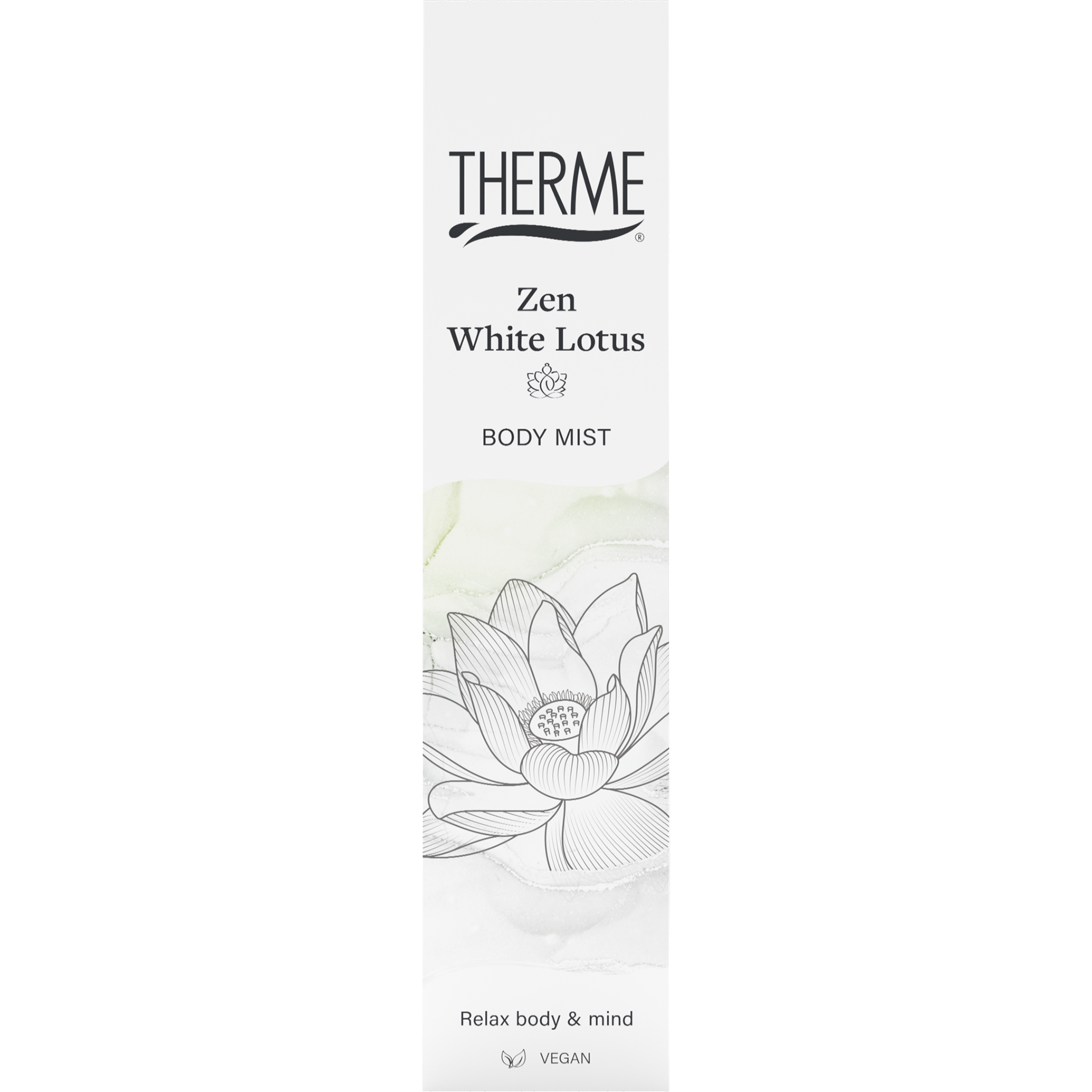 Therme Bodymist Zen White Lotus 60ml in a clear spray bottle, featuring white lotus floral design for body care.