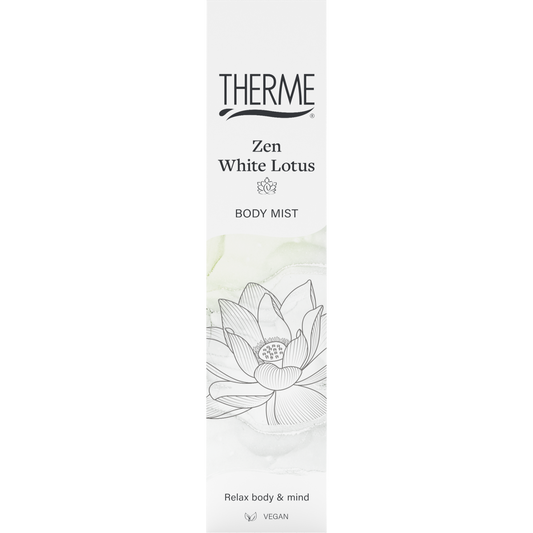 Therme Bodymist Zen White Lotus 60ml in a clear spray bottle, featuring white lotus floral design for body care.