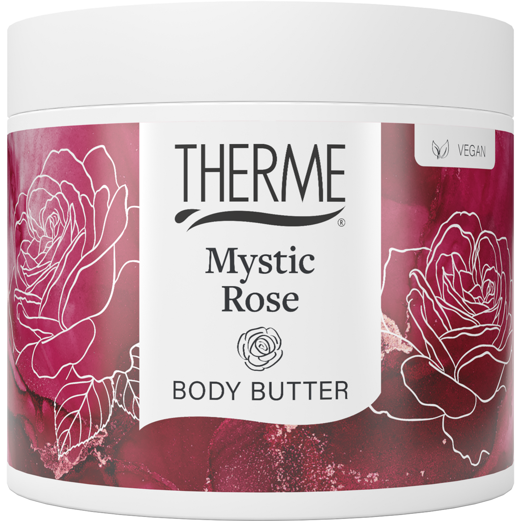 Therme Mystic Rose body butter 225g in a jar, creamy moisturizer with rose scent, for soft and nourished skin.