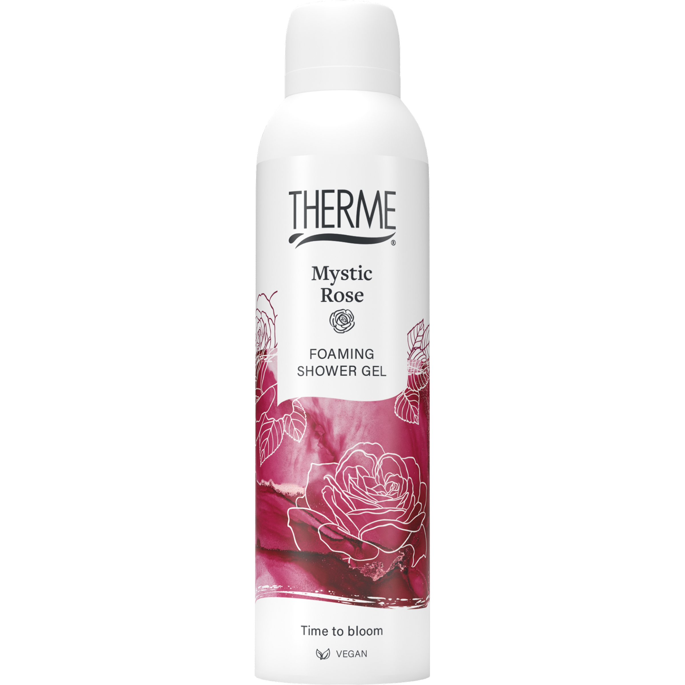 Therme Mystic Rose foam shower gel in 200ml bottle, luxurious bath and shower product with floral rose scent