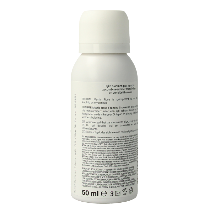 Therme Foam Shower Mystic Rose 50ml bottle with rose-scented foam for luxurious bath and shower experience.