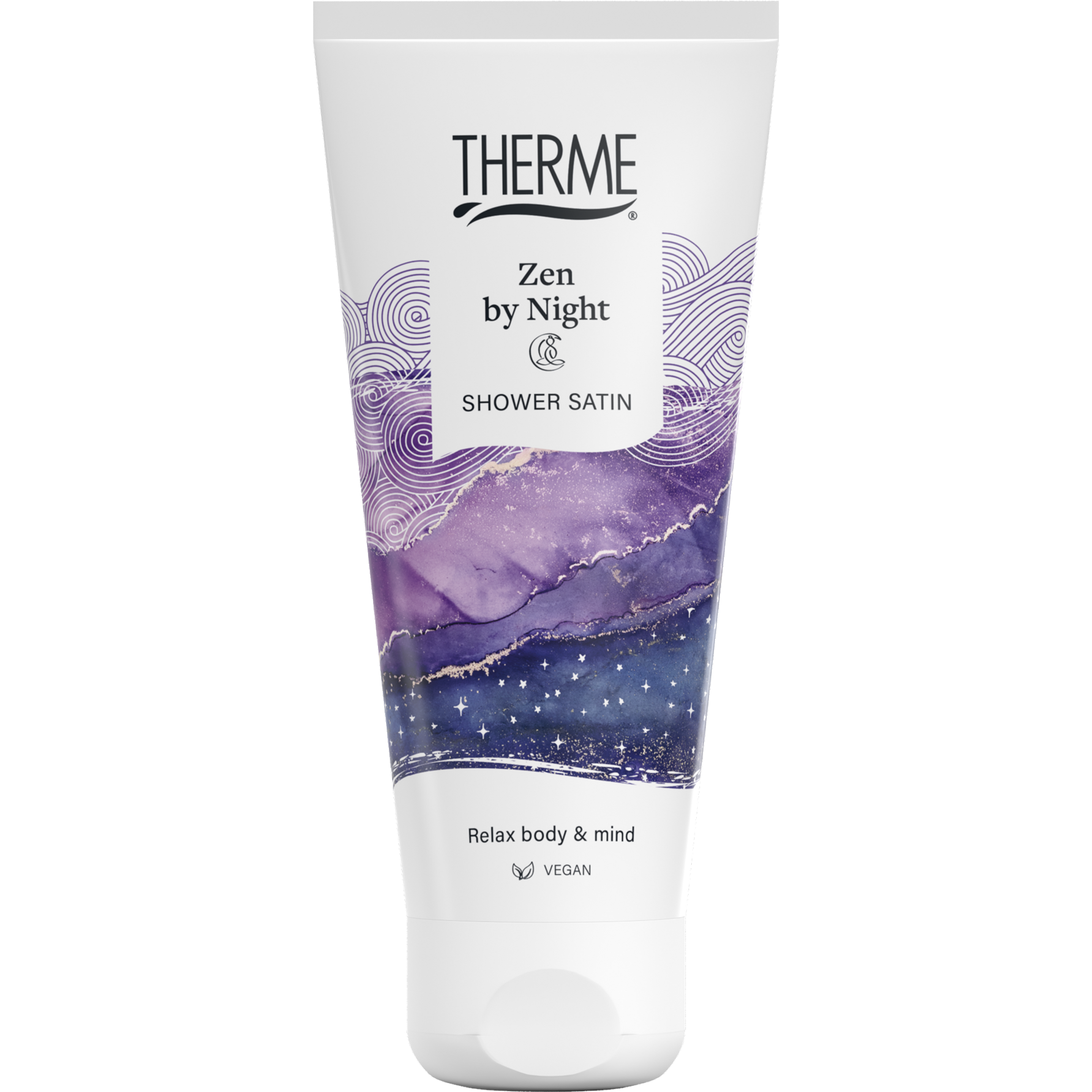 Therme Zen by Night satin shower gel 200ml bottle, featuring sleek packaging and label, for a calming shower experience.