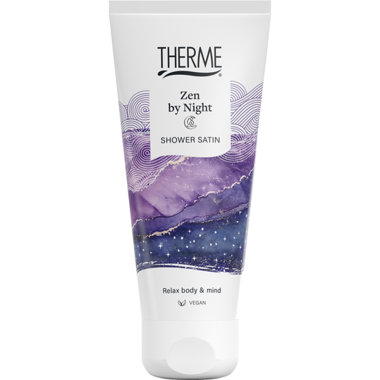 Therme Zen by Night satin shower gel 200ml bottle, featuring sleek packaging and label, for a calming shower experience.