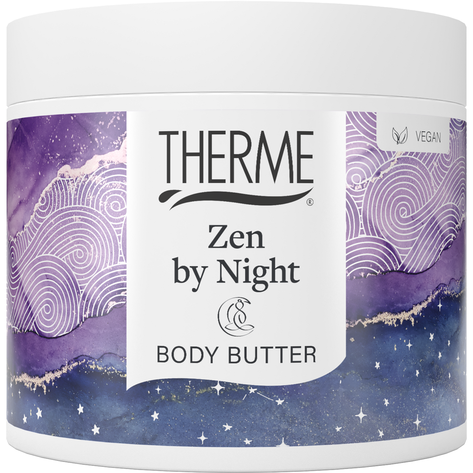 Therme Zen by Night body butter in 225g jar, smooth creamy texture, suitable for body skincare, featuring calming lavender scent