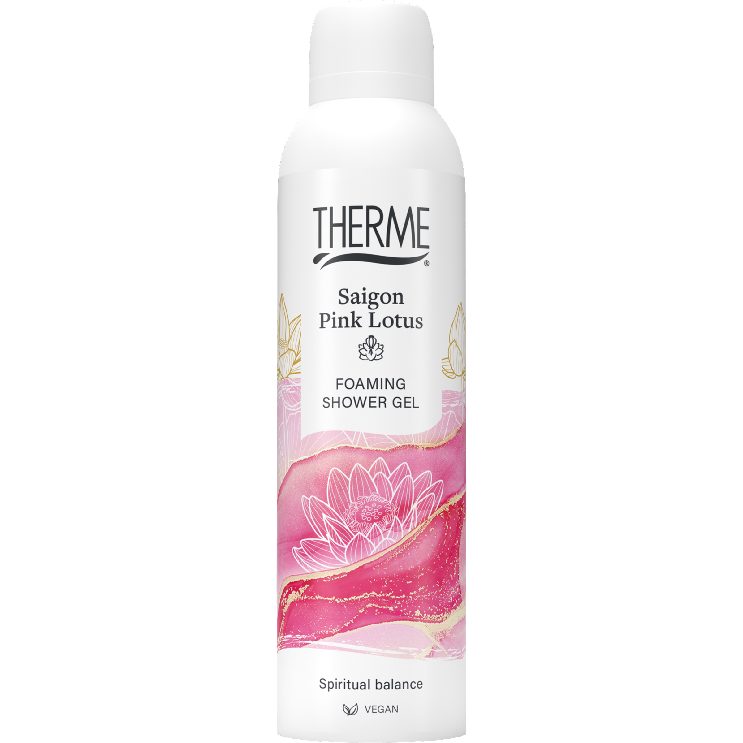 Therme Saigon pink lotus shower gel bottle, 200ml, with pink floral design, for bath and shower use.
