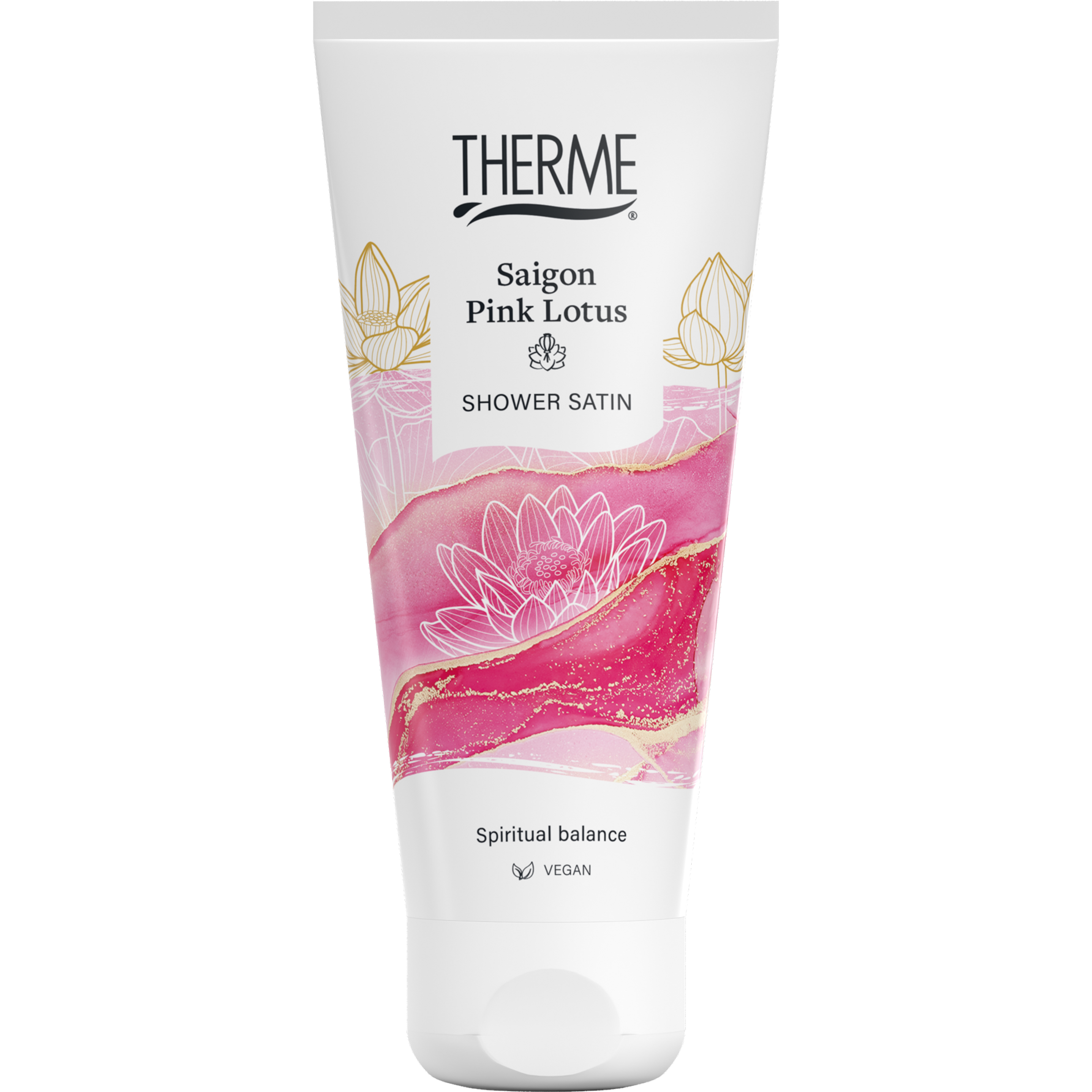 Therme Saigon Pink Lotus shower gel bottle, 200ml, with pink floral design and branding, for luxurious bath and shower use.