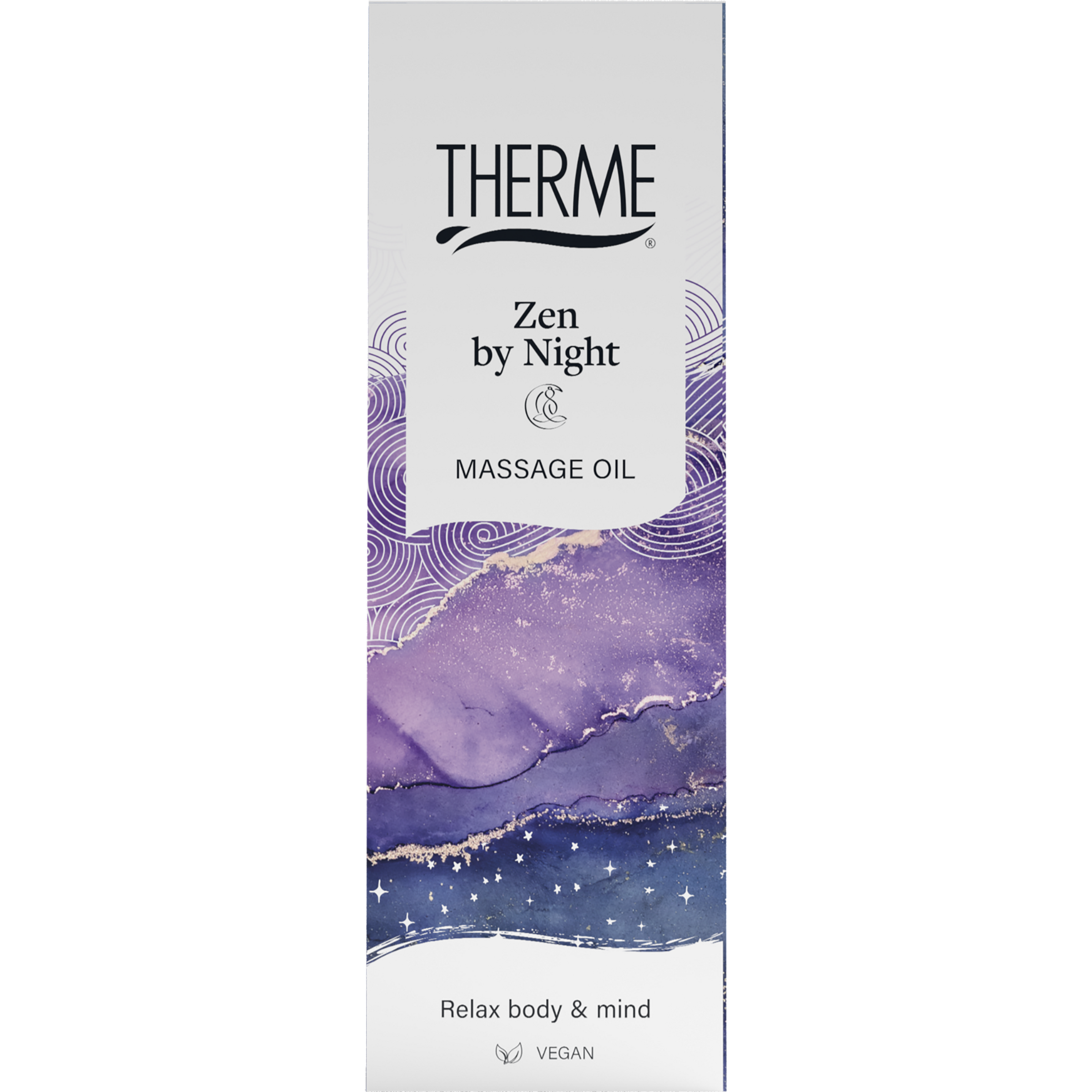 Therme Zen by night massage oil in 125ml bottle, moisturizing body care product with calming aroma displayed in the image.