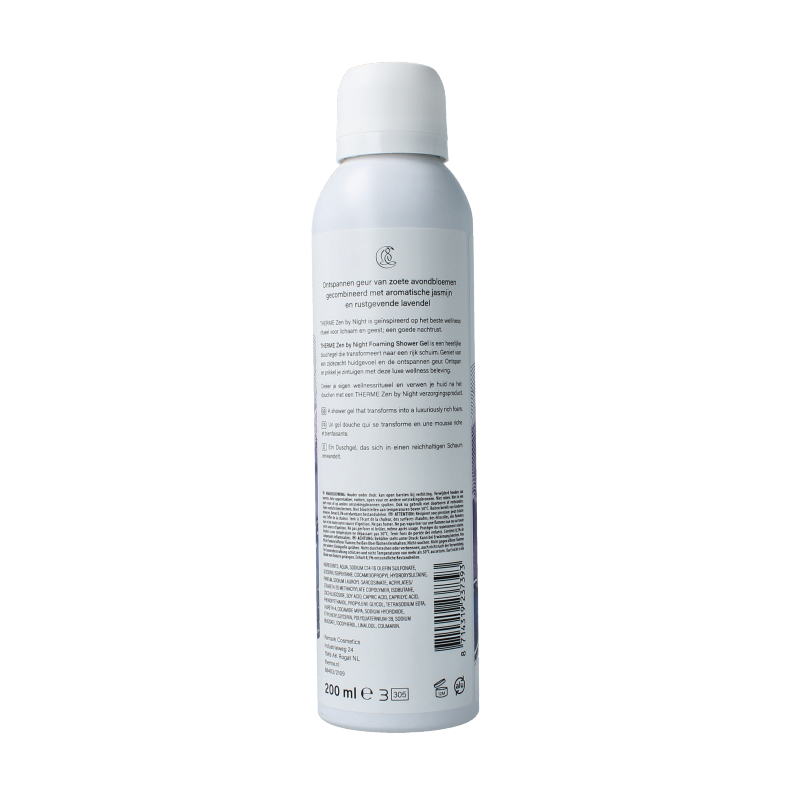 Therme Zen by Night foaming shower gel in 200ml bottle, soft foam and calming scent, for bath and shower use.
