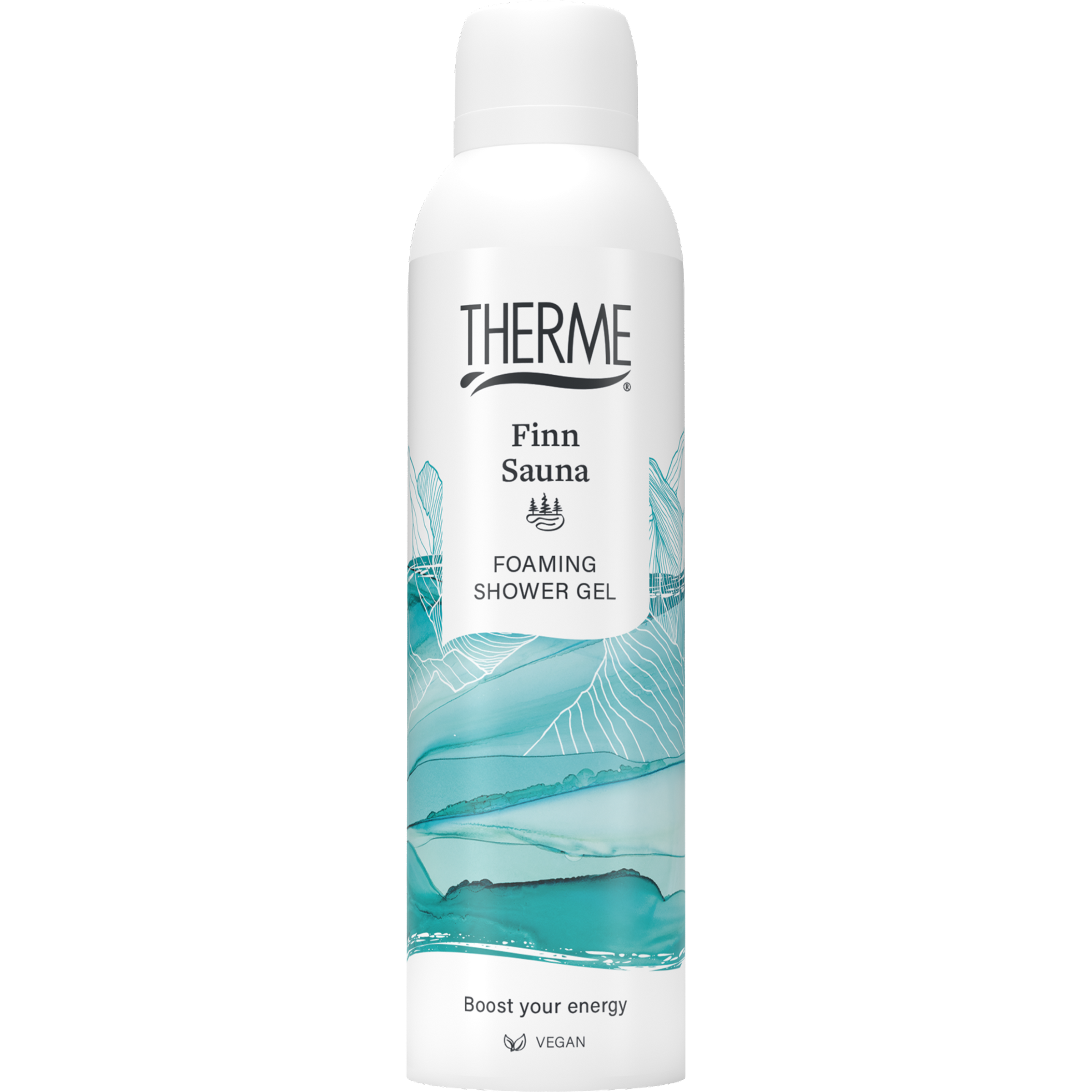 Therme Finn sauna foam shower gel 200ml bottle with label, suitable for bath and shower use, in a natural setting.