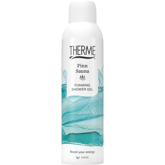 Therme Finn sauna foam shower gel 200ml bottle with label, suitable for bath and shower use, in a natural setting.