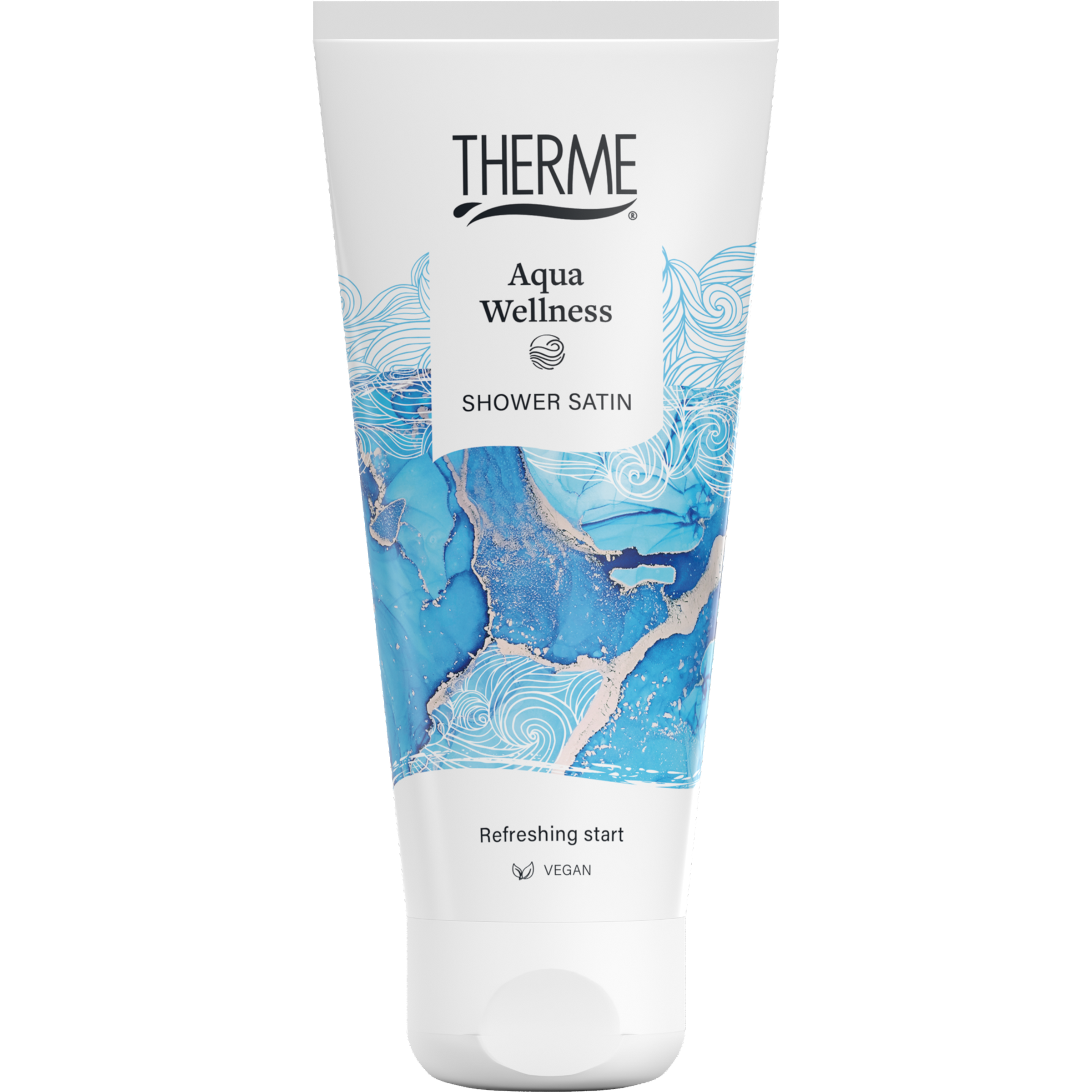 Therme Aqua Wellness Shower Satin 200ml bottle, smooth bad en douche product with sleek packaging and pump dispenser.
