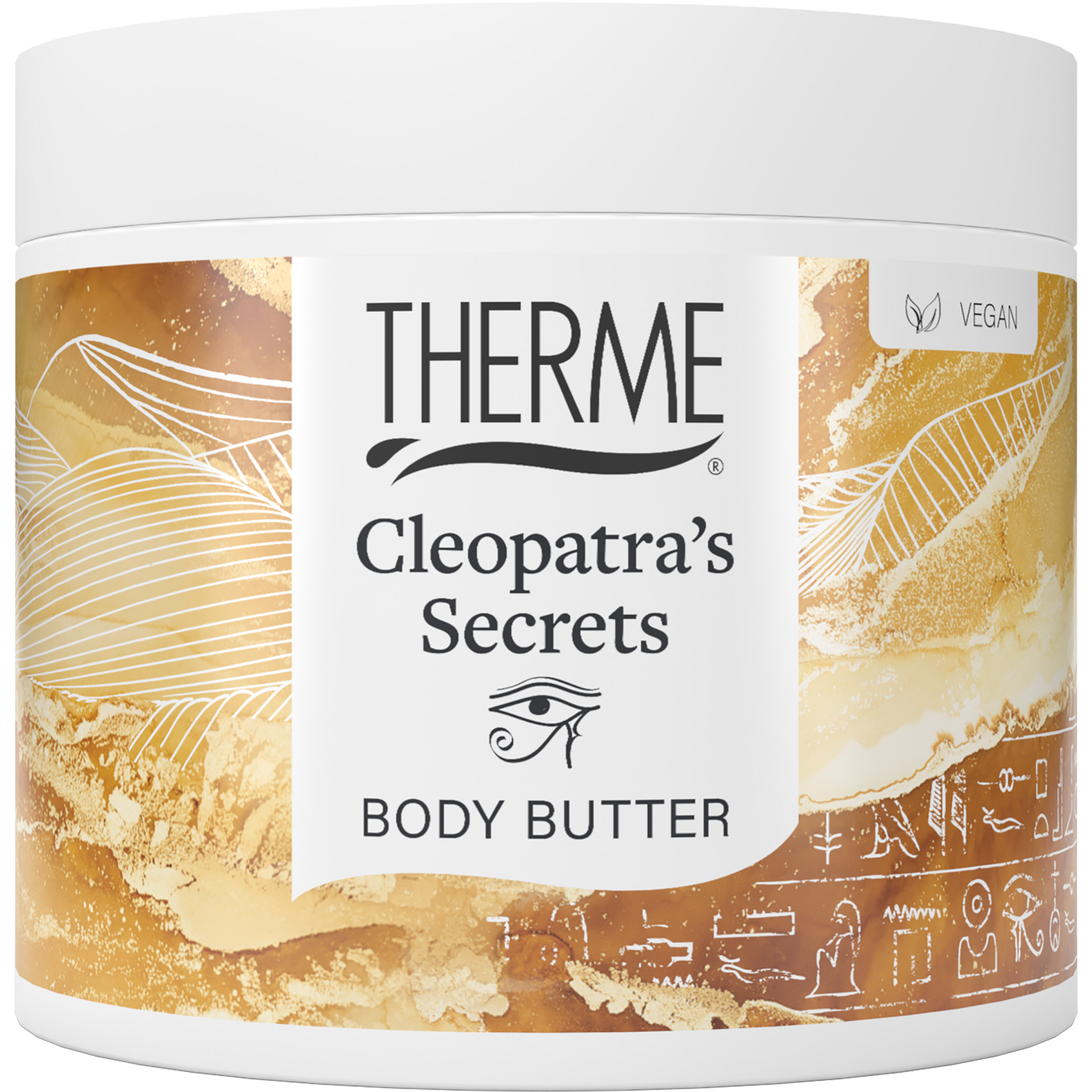 Therme Cleopatra's Secrets shimmer body butter jar with gold accents, 225g, smooth creamy texture for luxurious skin care.