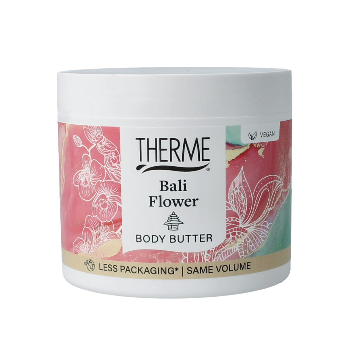 Therme Bali flower body butter in 225g container, creamy moisturizer for nourishing skin, with floral scent and luxurious texture.
